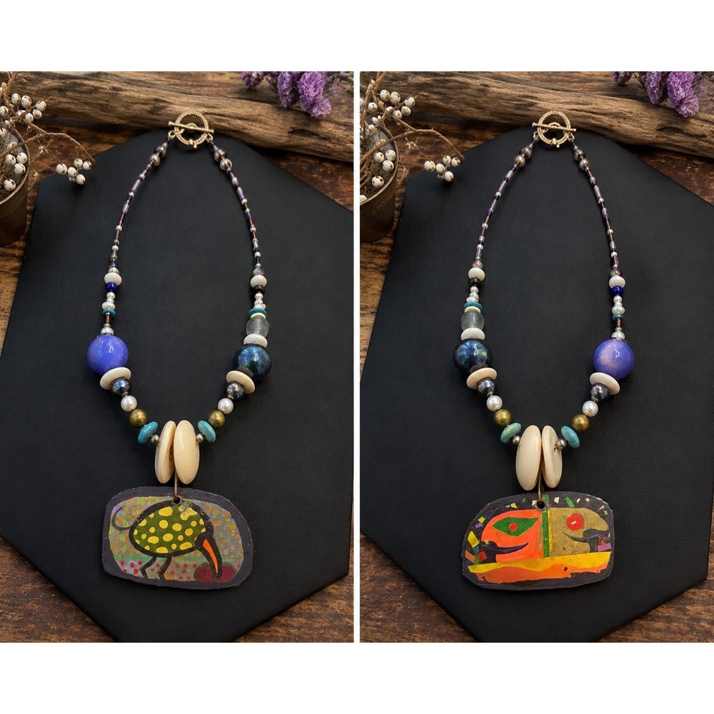 Reversible 24" Hand Painted Pendant Necklace Mixed Bead Artisan Boho Folk Art